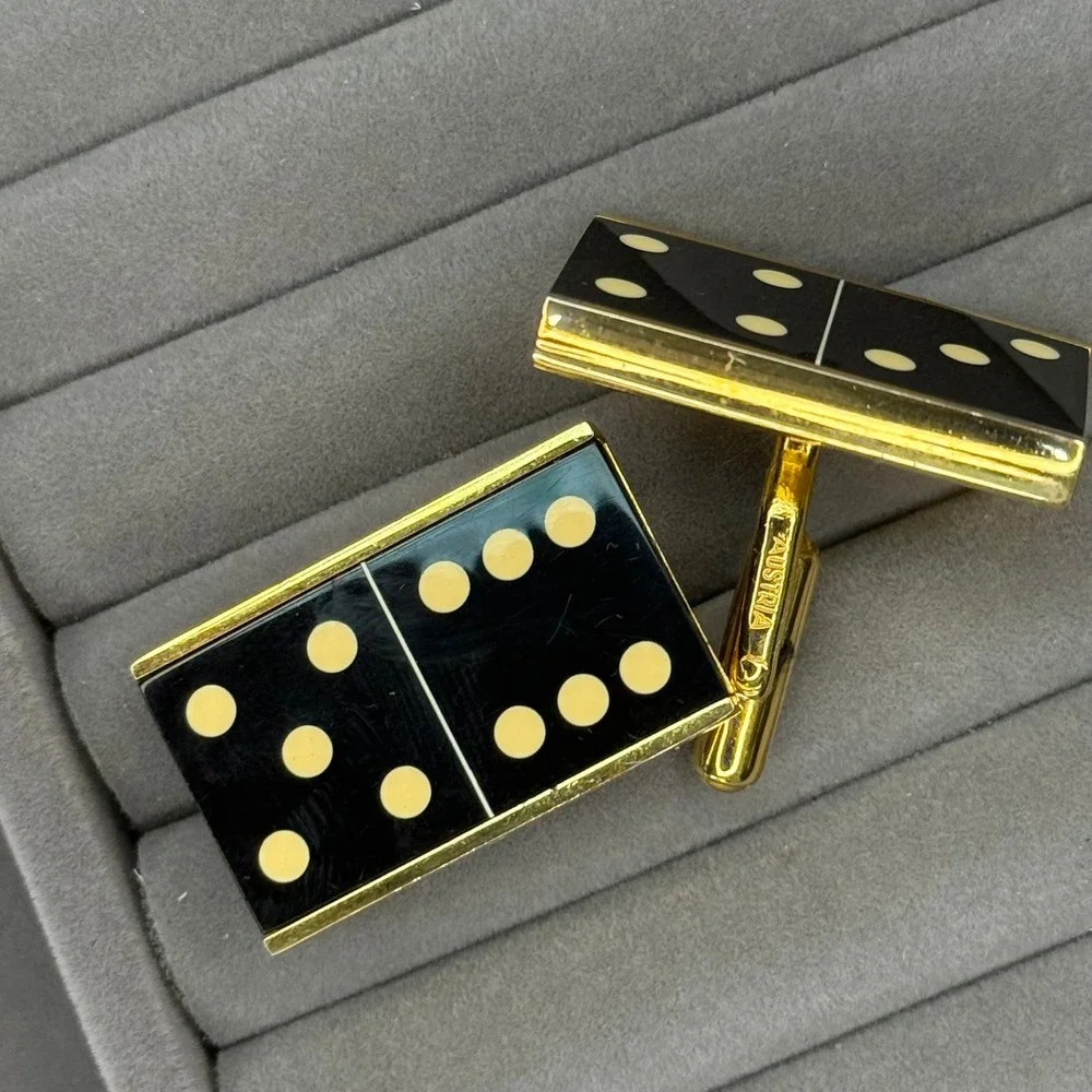 Vintage Austria Domino Cufflinks Black Gold Tone Novelty Game Tile Mens Jewelry